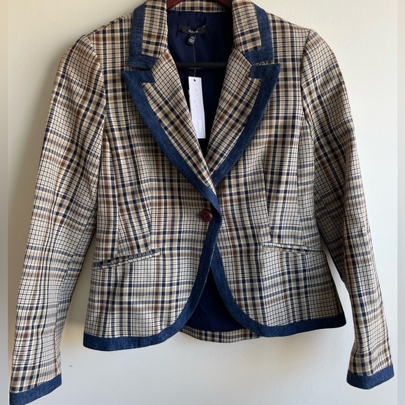 NWT DREW|| Anthropologie Plaid Blazer. Beige with Navy/Denim edge detail… - Picture 2 of 9